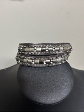 Stella & Dot Brown Leather Silver Rhinestone Wrap Bracelet - Women Jewelry